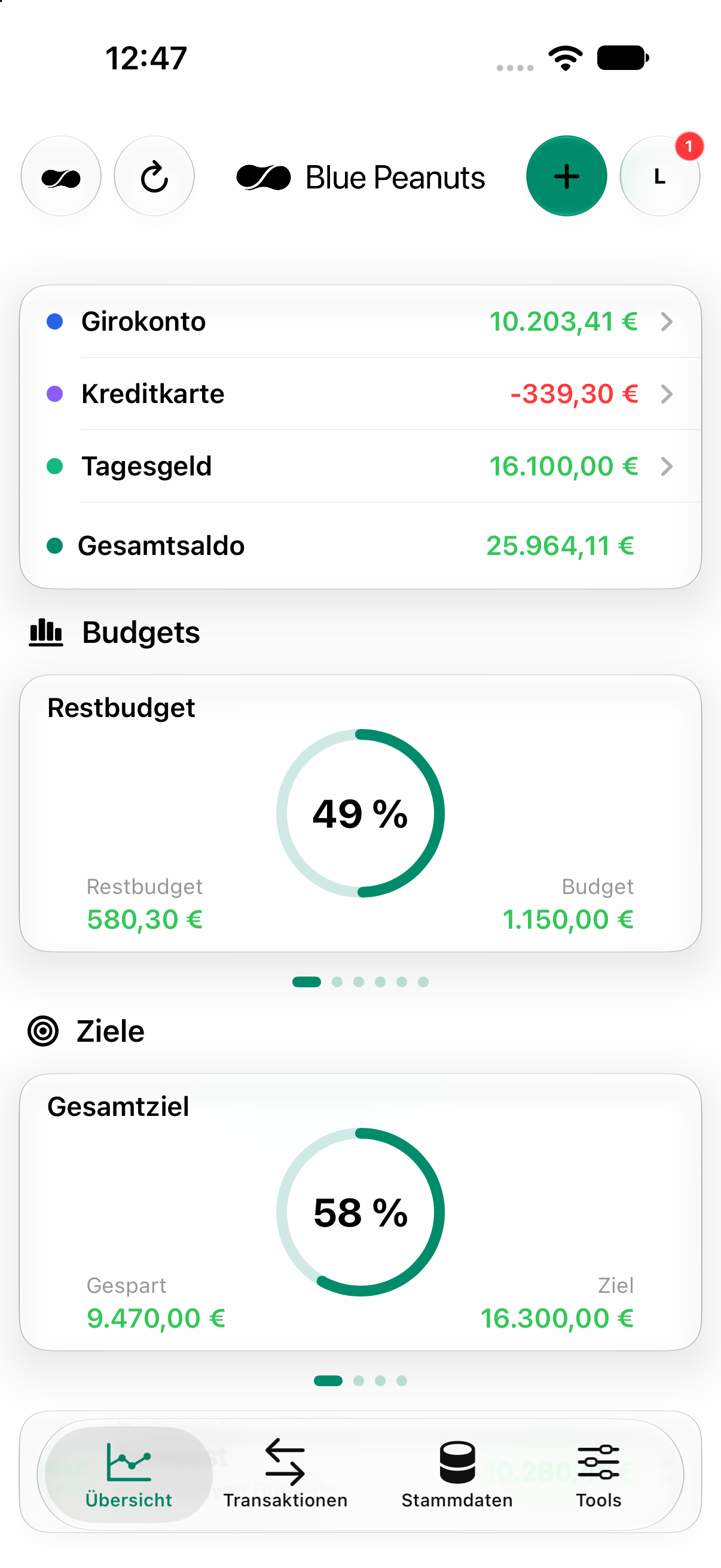 Blue Peanuts auf dem iPhone: Kontostände, Restbudget und Sparfortschritt